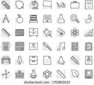 Editable thin line isolated vector icon set - pencil, calculator, test vial vector, university, ruler, copybook, pen, corner, drawing compass, glasses, case, apple fruit, atom, telescope, bell, flag
