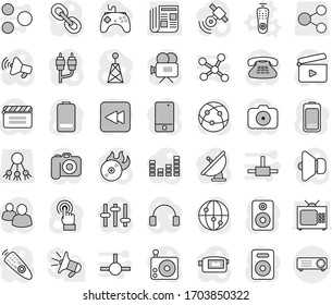 Editable thin line isolated vector icon set - remote control vector, share, newspaper, satellite antenna, cinema clap, music hit, camera, radio, satellitie, speaker, loudspeaker, gamepad, settings