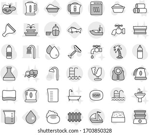 Editable thin line isolated vector icon set - flask vector, fountain, sea shipping, port, broken, sail boat, palm, pool, life vest, drop, radiator, washing, kettle, pipes, measuring cup, fish, soap