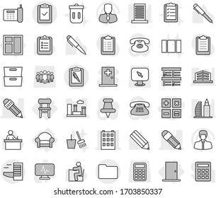 Editable thin line isolated vector icon set - calculator, pencil, building, city, clipboard pen, check, documents, hotel, chair, armchair, window, door, trash bin, bucket and broom, clean, list