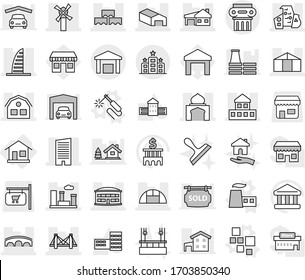 Editable thin line isolated vector icon set - bridge, cottage, skyscraper, airport building, minaret, warehouse, modern architecture, house with garage, block wall, windmill, city, greenhouse, hotel