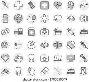 Editable thin line isolated vector icon set - medical cross vector, heart, bandaged head, doctor case, ambulance car, helicopter, dropper, pulse, first aid kit, star, gender sign, insemination, room