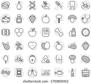 Editable thin line isolated vector icon set - bone, stethoscope vector, ambulance car, anamnesis, apple, tooth, lungs, bike, dna, eggs, pasta, potato, fish, honeycombs, berry, mushroom, harvest, oil