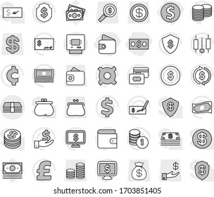 Editable thin line isolated vector icon set - dollar coin, money, wallet, atm, exchange vector, japanese candle, credit card, cash, investment, stack, check, shield, monitor, any currency, pound