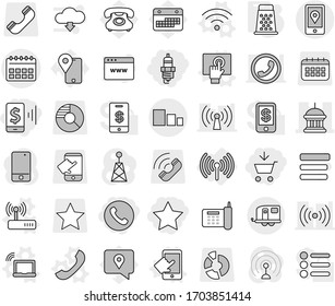 Editable thin line isolated vector icon set - add to cart, mobile pay, star, spark plug, phone, calendar vector, goverment house, location, sorting, trailer, wireless, laptop wifi, touchscreen, call