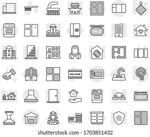Editable thin line isolated vector icon set - mansion, skyscraper, modular house, window, door, building, dome, japanese, warehouse, water tap, chest of drawers, dresser, fridge, rag, elecric oven