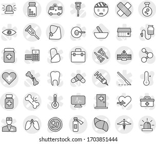 Editable thin line isolated vector icon set - doctor bag vector, heart cross, syringe, crutch, broken bone, medical patch, pills bottle, hospital, ambulance car, potion, hand, lungs, liver, sign
