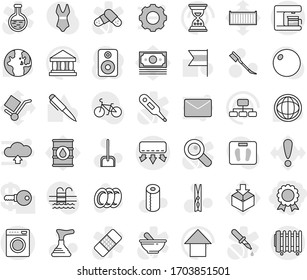 Editable thin line isolated vector icon set - medal, plunger vector, scoop, clothespin, car fetlock, plates, toilet paper, pen, world, flag, bank, sand clock, arrow up, hierarchy, scales, bike, pool