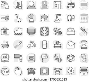 Editable thin line isolated vector icon set - plunger vector, broom, water tap, sponge, bath, drying clothes, blackboard, atom, school bus, laptop graph, calculator, diet, roller Skates, monitor