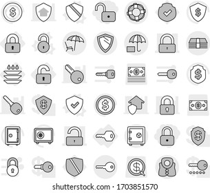 Editable thin line isolated vector icon set - lock, unlock, money, insurance, lounger, key, safe, shield, life vest, lifebuoy, locked, unlocked, plate washing, vector, dollar coin, protected, arrow