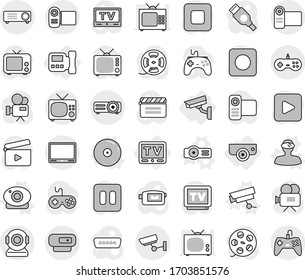 Editable thin line isolated vector icon set - surveillance, intercome, camera, tv, web vector, vr helmet, projector, cd, cinema clap, film spool, gamepad, video, play button, pause, stop, rec, hdmi