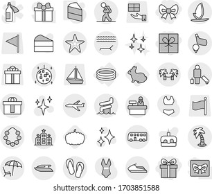 Editable thin line isolated vector icon set - gift, bow, hi quality package, plane, bus, tourist, passenger, lounger, palm, hawaiian wreath, disco ball, aquapark, starfish, hotel, reception, golf