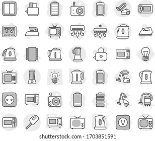 Editable thin line isolated vector icon set - tv, bulb, air conditioning, power socket, switch, kettle, vacuum cleaner, chip vector, battery, microwave oven, iron, toaster, radio, blender