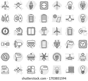 Editable thin line isolated vector icon set - megafon, spark plug, air conditioning, electricity, power socket, switch, mixer, coffee maker, floor lamp, photon vector, magnetic field, bulb, coil