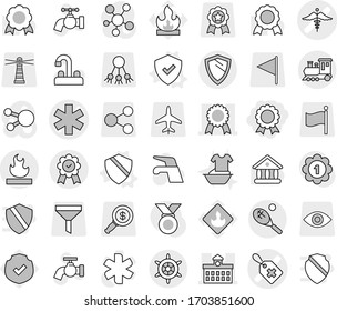 Editable thin line isolated vector icon set - medal, ambulance star vector, medical label, sign, university, flammable, train, tennis, shield, handwheel, water tap, handle washing, protected, funnel