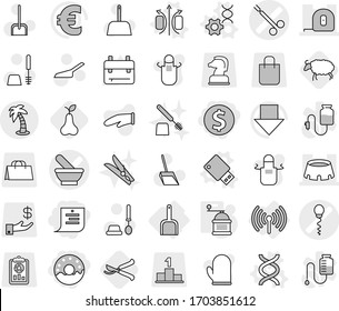 Editable thin line isolated vector icon set - dollar coin, shopping list, donut, mortar vector, sperm, surgical clamp, measuring tape, stadium, palm, wireless, scoop, magnetic field, dna, edit, pear