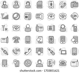 Editable thin line isolated vector icon set - mobile pay, phone, 24, support manager, location, checking, camera, intercome, vector, laptop wifi, office, touchscreen, sim card, antenna signal, no
