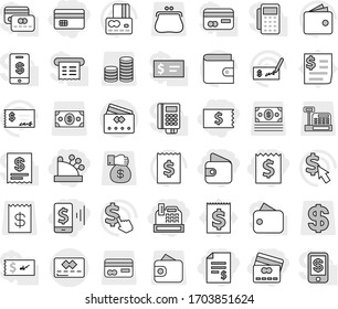 Editable thin line isolated vector icon set - credit card, receipt, account balance, mobile pay, wallet, cashbox, vector, check, dollar cursor, coin stack, purse, money, gift, reader, tap