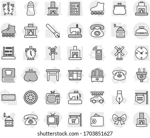 Editable thin line isolated vector icon set - bow, purse, tv, windmill, phone, service bell, wardrobe, dresser, stool, fireplace, plug vector, mobile, hand mill, cooking book, wheel, car wash, pen