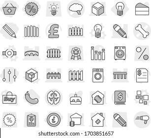 Editable thin line isolated vector icon set - pencil, add to basket, percent, equalizer, info, bone vector, brain, bridge, 3d, smart house, fence, bulb, blocks, connect, eggplant, washer, cake, home