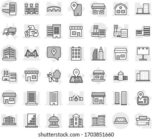 Editable thin line isolated vector icon set - shop, store, bridge, drawbridge, houses, goverment house, building, skyscrapers, skyscraper, mall, modern architecture, district, palace, office, taxi