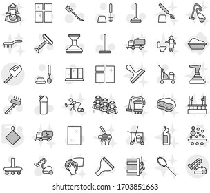 Editable thin line isolated vector icon set - washing, filter vector, rag, scraper, cleaner trolley, vacuum, mop, car fetlock, window cleaning, toilet brush, agent, shining, sweeper, skysrcapers