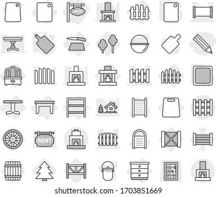 Editable thin line isolated vector icon set - pencil, shop signboard, fence, pallet, table, chest of drawers, dresser, rack, cutting board, fireplace, trees, wheel, barrel, farm, spruce, wood box