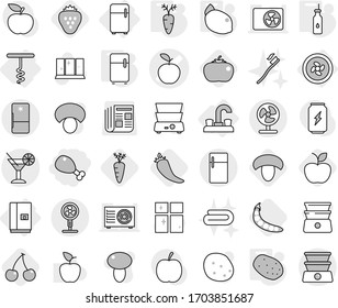 Editable thin line isolated vector icon set - chicken leg, apple vector, cocktail, cooler fan, water tap, fridge, corkscrew, vegetable oil, potato, carrot, lemon, hot pepper, cherry, mushroom, peas