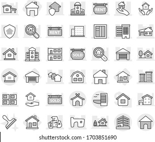 Editable thin line isolated vector icon set - home, houses, mansion, slum, garage, modern architecture, house with, modular, panel, window, building, district, real estate, office, hotel, bungalow