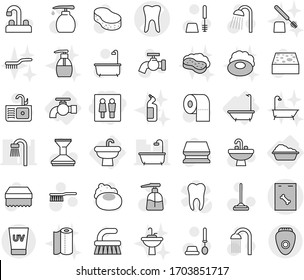 Editable thin line isolated vector icon set - wc, tooth vector, roentgen, uv cream, water tap, sink, bath, washing, soap, fetlock, mop, sponge, car, toilet brush, liquid, paper, shower, with foam