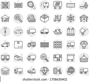 Editable thin line isolated vector icon set - box, delivery, warehouse, shipping, car, loading crane, trolley, cargo top sign, do not hook, courier, search, railroad, pallet, parachute, fast deliver