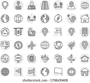Editable thin line isolated vector icon set - home, road, geo pin, location details, globe, map, route a to b, mobile, signpost, orbit vector, compass, world, flag, dollar, navigator, earth, traking