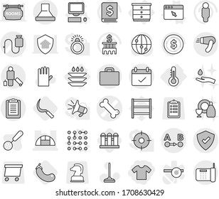 Editable thin line isolated vector icon set - t shirt, bone vector, dropper, greenhouse, route a to b, terms, clipboard, protected, passenger, suitcase, thermometer, chest of drawers, plate washing