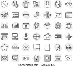 Editable thin line isolated vector icon set - bin, star, pacemaker vector, leafs, cross, slum, dome house, architector, globe, home, locked, connect, laser, computer, bbq, seedling, beet, farm fence