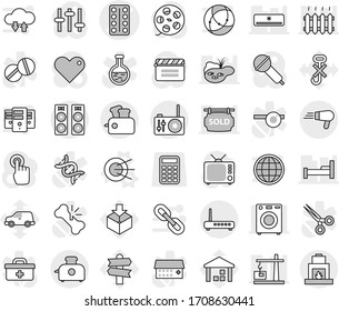 Editable thin line isolated vector icon set - pills blister vector, satellite, signpost, car, no hook, warehouse, package, calculator, cinema clap, film spool, microphone, tv, settings, touchscreen