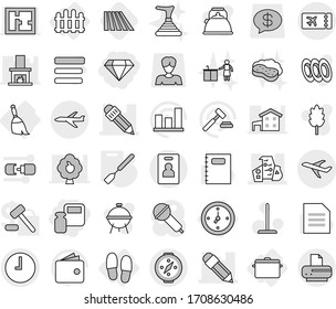 Editable thin line isolated vector icon set - scales weight, diamond, pencil, modern architecture, plane, clock, ticket, identity card, compass, watch, broom, fence, pan, slippers, spatula, field