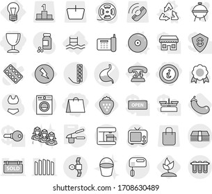 Editable thin line isolated vector icon set - shopping bag, wineglass, info, stomach vector, satellite, money, bulb, electricity, pool, recycle, cd, garlic clasp, eggplant, sprouting, strawberry, 24