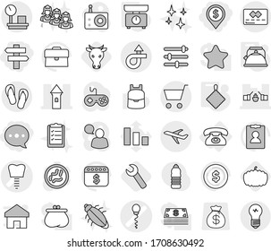 Editable thin line isolated vector icon set - dollar pin, balloon, singlepost, sperm vector, tooth implant, tower, drawbridge, trip, plane, credit card, warehouse scales, cart, flip flops, phone