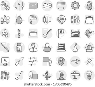 Editable thin line isolated vector icon set - equalizer, pill vector, pills bottle, gothic architecture, plane, tourist, lounger, restaurant, alarm, unlock, skimmer, knife, pear, clothespin, drop
