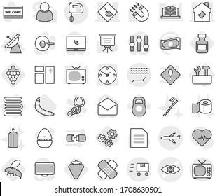 Editable thin line isolated vector icon set - eye vector, under construction, smart house, fast deliver, plane, lounger, repair tools, towels, satellite antenna, berry, grape, pills bottle, gears