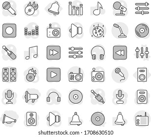 Editable thin line isolated vector icon set - megafon, loudspeaker, disco ball, speaker, bell, setup vector, cd, music, disk, hit, microphone, radio, equalizer, headphones, play button, forward, rec
