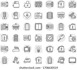 Editable thin line isolated vector icon set - tv, pacemaker vector, air conditioning, power socket, switch, kettle, vacuum cleaner, chip, battery, microwave oven, iron, toaster, bulb, radio, blender