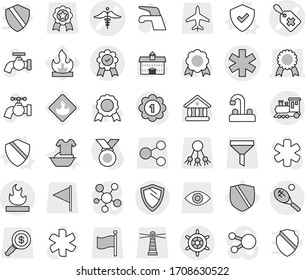Editable thin line isolated vector icon set - ambulance star vector, medical label, sign, medal, flammable, train, tennis, shield, handwheel, water tap, handle washing, university, protected, funnel