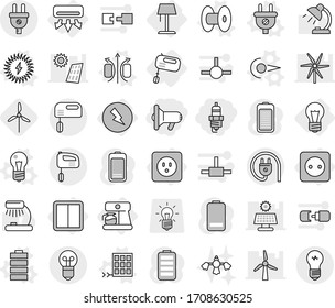 Editable thin line isolated vector icon set - megafon, spark plug, bulb, air conditioning, electricity, power socket, switch, mixer, coffee maker, floor lamp, photon vector, magnetic field, coil