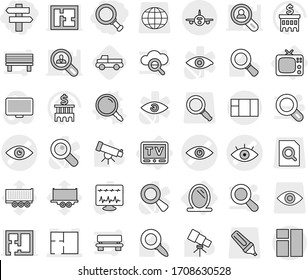 Editable thin line isolated vector icon set - magnifier, singlepost, eye vector, plan, plane, mirror, tv, pickup, telescope, bank building, truck trailer, search document, globe, marker, monitor