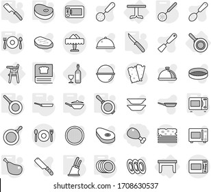 Editable thin line isolated vector icon set - chicken leg, cafe, restaurant, table, Chair for babies, pan, skimmer, knife holder, chef, microwave oven, cooking book, plates, fork spoon plate, steake