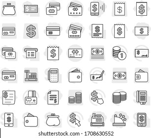 Editable thin line isolated vector icon set - credit card, receipt, account balance, mobile pay, cashbox, vector, wallet, coin stack, check, dollar cursor, purse, money, reader, tap