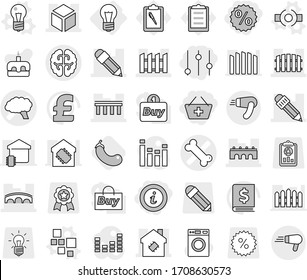 Conjunto de iconos de vector aislados de línea delgada editable - añadir a la cesta, porcentaje, ecualizador, info, vector de hueso, cerebro, puente, lápiz, 3d, casa inteligente, valla, bombilla, bloques, conectar, berenjena, lavadora, pastel, hogar