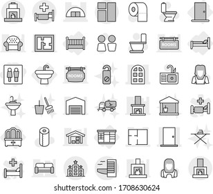 Editable Thin Line Isolated Vector Icon Set - Wc, Hangare, Door, Arch Window, Plan, Hotel, Hospital, Sink, Wardrobe, Dresser, Bed, Crib, Toilet Vector, Paper, Water Closet, Cleaner Woman, Tap, Barn