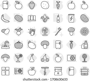 Editable thin line isolated vector icon set - apple vector, cocktail, cooler fan, water tap, fridge, corkscrew, vegetable oil, potato, tomato, carrot, lemon, cherry, mushroom, corn, pear, beet, peas